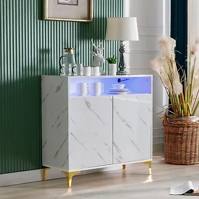 Cabinet With Storage & LED Marble Coffee Bar Cabinet Credenza High Gloss • $172.48