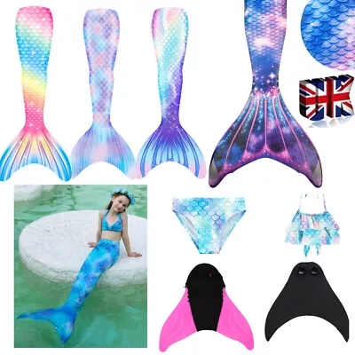 Kids Bikini Mermaid Tail With Monofin Swimmable Set Costume Swimsuit Swimming UK • £15.82