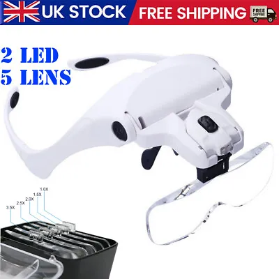 Magnifying Glass Headset 2 LED Light Head Headband Magnifier Loupe 5 Lens 1~3.5X • £9.99