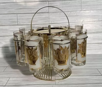 ￼ ￼ Vintage Bar Ware/8 Fruit Bowl Frosted Glasses Gold Heritage Ice Bucket￼ • $100