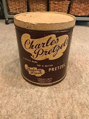 Vintage Charles Pretzels Advertising Tin 9 Inches Tall 8 Inches Diameter  • $6.25