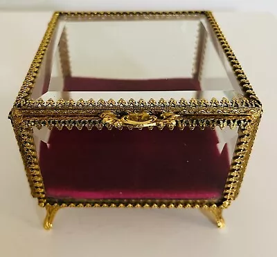 Vintage Gold Filigree Trinket  Box Jewelry Casket  Beveled Glass Footed • $49.99