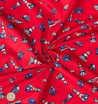 100% Cotton Poplin Fabric By Fabric Freedom Lighthouse Nautical Sailing Boat Red • £4.15