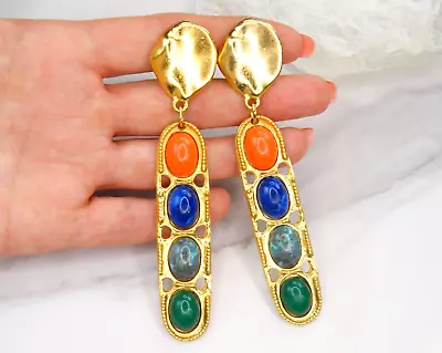 Les Bernard 80s Vtg Rich Gold Egyptian Lapis Coral Lucite Cabs 4  Drop Earrings • $37