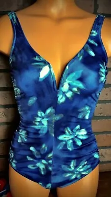 Gabar Vintage Blue Floral B C Plunge One Piece Tummy Minimizer Ruche Swimsuit 8 • $14.75