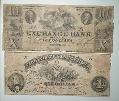 VIRGINIA Lot 2 Banknotes. Exchange Bank Of Virginia $10 & 1862 $1 Treasury Note • $68