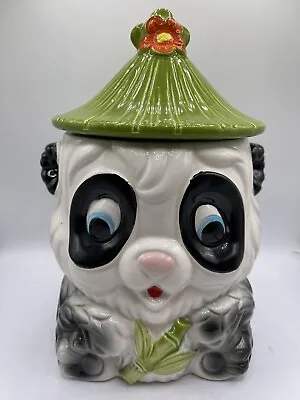 Vintage Japan Panda Bear Cookie Jar W/ Green Hat Bamboo Orange Flower Excellent • $36