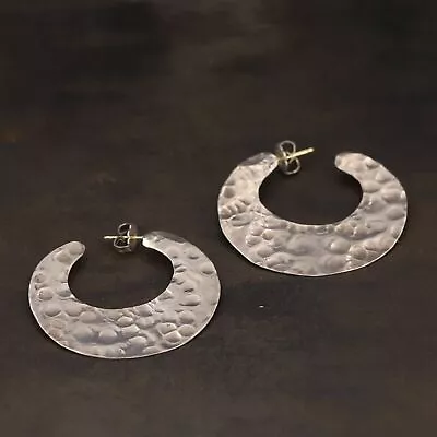 VTG Sterling Silver - SIGNED Hammered Crescent Moon J-Hoop Post Earrings - 5g • $2.99