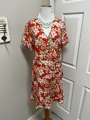 J. Jill Size LP LARGE PETITE Floral Ruffle Papaya Wrap Dress • $19.99