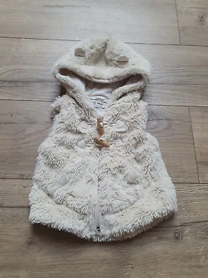 NEXT Baby Girls Faux Fur Gilet 3-6 Months Cute Bear Ears Cream • £2.65