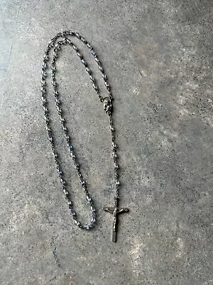 Vintage Bead Rosary W Mother & Child Medallion Jesus Cross Blue Clear Necklace • $9.99