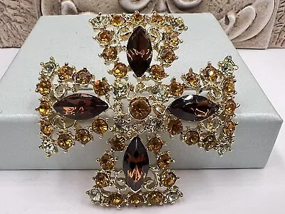 Fancy Vintage Topaz Amber Maltese Cross Rhinestone Brooch Pin • $9.99