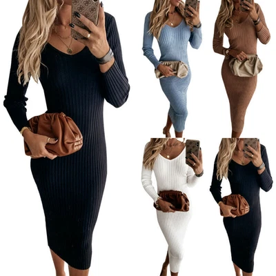 $27.69 • Buy Women Long Sleeve Ribbed Knit Bodycon Midi Dress Below The Knee Pencil Dresses