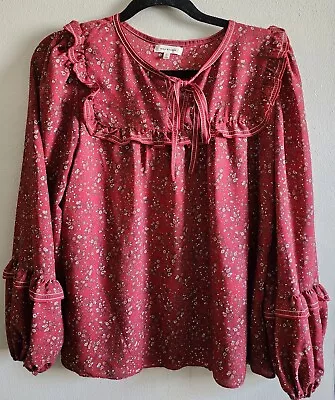 Max Studio Red Ditsy Floral Cottagecore Boho Ruffle Tied Front Blouse Small • $16