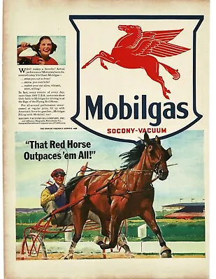 1941 Mobil Mobilgas Pegasus Flying Red Horse Harness Racing Art Vintage Print Ad • $8.95