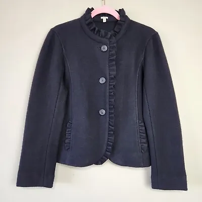 J Crew Jacket Womens Large Black Wool Ruffled Mandarin Boxy Minimalist Elevated • $29.74