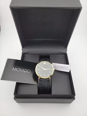 Movado Men's Ultra Slim Gold Dial Black Dial Watch - 0607173 ($795 MSRP) • $269.99