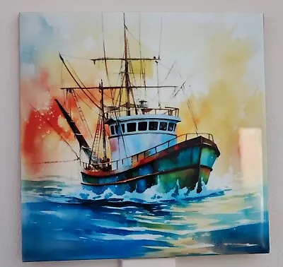 Ceramic Picture Tile Wall Photo Tile Art Tile Colourful Fishing Boat Sea Decor  • £19.99