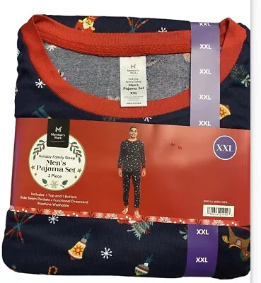 Members Mark Mens Holiday Christmas 2 Pc Blue Print Pajama Set Pockets Size XXL • $14.99