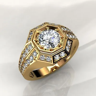 3.50 CTW Round Cut VVS1 Moissanite Men's Engagement Ring Solid 14k Yellow Gold • $420.74