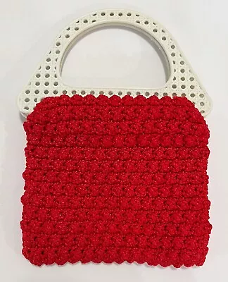 Vtg 70s Grandma Macrame Knitted Hand Bag Red Purse White Lattice Plastic Handles • $18.99