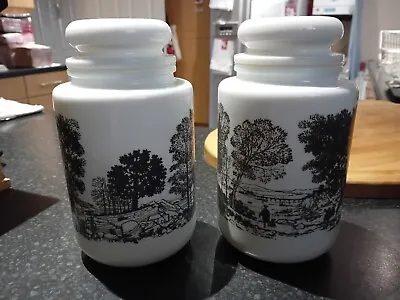 2x Vintage Retro Milk Glass Opaline Storage Jars Countryside Scene Airtight Lid • £18