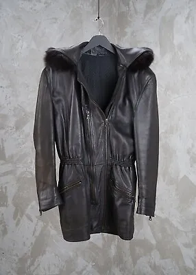 GIANNI VERSACE 1990s Black Leather Jacket W/ Removable Fur Hood Mens Womens RARE • $1050