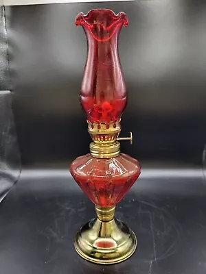 Vintage Red Glass & Brass Small Oil Lamp • $24