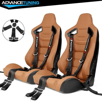 Reclinable Racing Seat + Dual Sliders Brown PU & Carbon Leather Cam-lock Belt X2 • $429.99