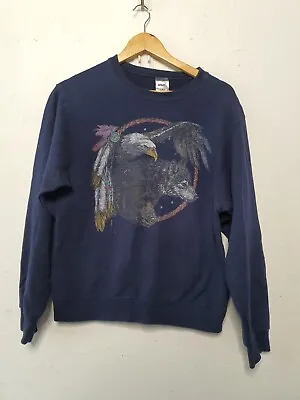 Vintage Wolf Eagle Graphic Sweatshirt Jumper Adult Small Blue Native American • $27