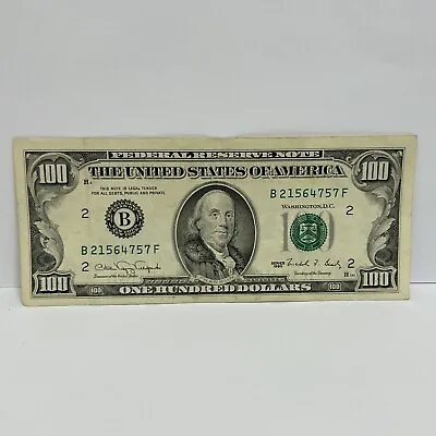 Series 1990 US One Hundred Dollar Bill $100 New York ~ B 21564757 F • $139.65