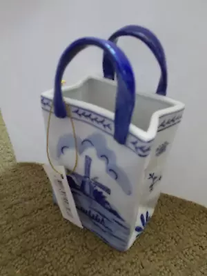 Delft Holland Blue White Hand Painted Windmill Design Shopping Bag Vase • $24.99