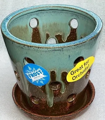 ✅ 5.5” Ceramic Orchid Flower Pot W/ Holes & Attached Tray ~Copper & Teal Color~ • $35.95