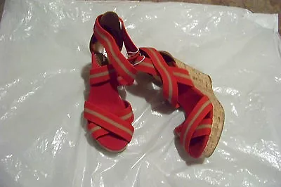 Womens Merona Red Fabric Double Cross Strap Cork Wedge Heels Shoes Size 6 • $18.99