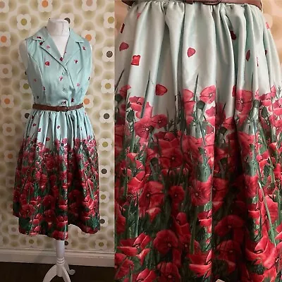 Lindy Bop Matilda Poppy Border 1950s Dress Size 14 • £10
