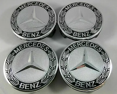 $16.99 • Buy SET OF 4 Mercedes-Benz Silver & Black 75MM Wheel Rim Center Hub Caps AMG WREATH