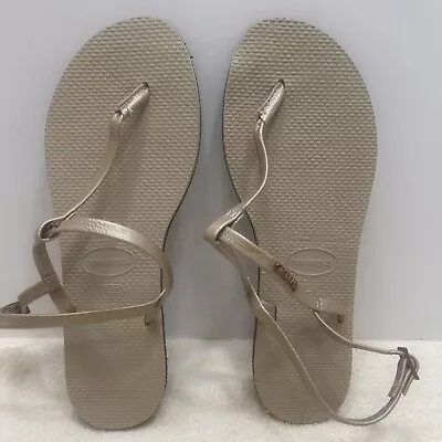 Havaianas Golden T-Strap Thong Sandals Size 7/8 NEW Free Ship COMFORT Beach • £22.17