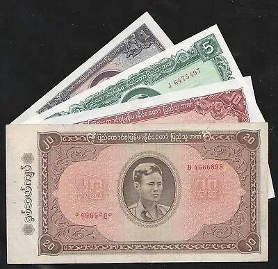 Burma/myanmar Money 1965 Issued 4 Notes - Pg 52 - 20 10 5 1 Kyat Set Aunc • $49.99