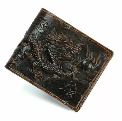 Dragon Brown Bifold Wallet Cow Genuine Leather Men's Wallet Cowhide Travel Purse • $12.45