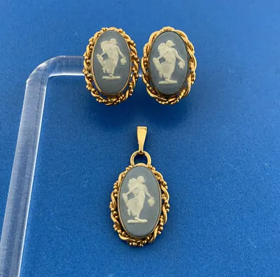 Mid Century Van Dell 12K Gold Filled Wedgewood Blue Cameo Earrings Pendant Set • $75