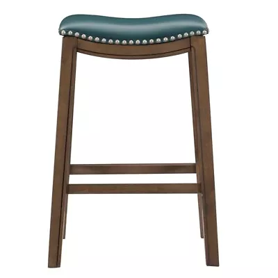 Pemberly Row 30.75  Transitional Faux Leather Saddle Bar Stool In Green • $88.75