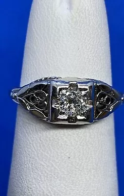 Antique 18K White Gold Filigree & Solitaire Square Top Diamond Ring Size 4.5 • $364.27