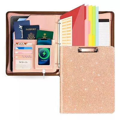 Leather Portfolio Folder 3 Ring Binder With Storage Clipboard Fits Letter S... • $49.81