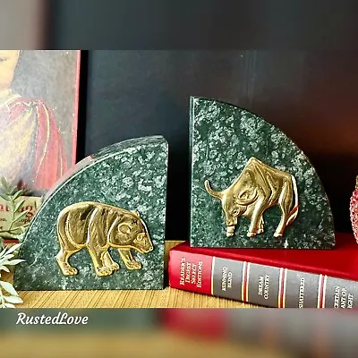 Bear & Bull Vintage Brass Marble Stock Market Bookends Wall Street Paperweights* • $232