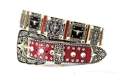 West Belt Genuine Leather Bling Big Rhinestone Cross RED Longhorn Pants Size 34 • $59.99