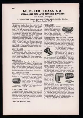 1942 Mueller Brass Co. Copper Pipe Water Systems Port Huron MI Vintage Print Ad • $14.65