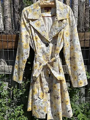 Womens Trench Coat Yellow Floral Lined Belt Cotton Merona Never Worn Spring Coat • $42