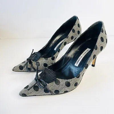 Manolo Blahnik Size 39 8.Black Grey Spot Check Leather Pointed Toe Heel Bow Shoe • $90.68