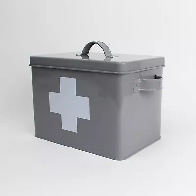 EMPTY First Aid Box. Stylish Grey Metal Tin With Handles Lid & White Symbol. • £22.99