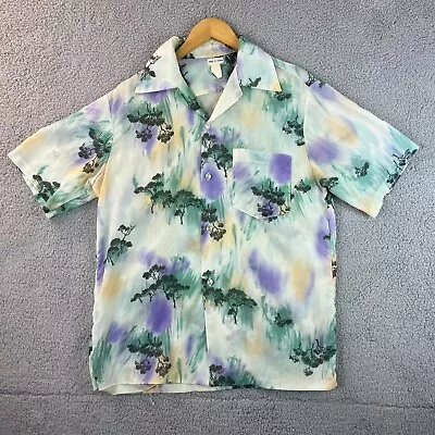 Vtg The Hawaiian Textiles Aloha Shirt Mens L Blue Disco Hippie Camp Collar 60s • $40